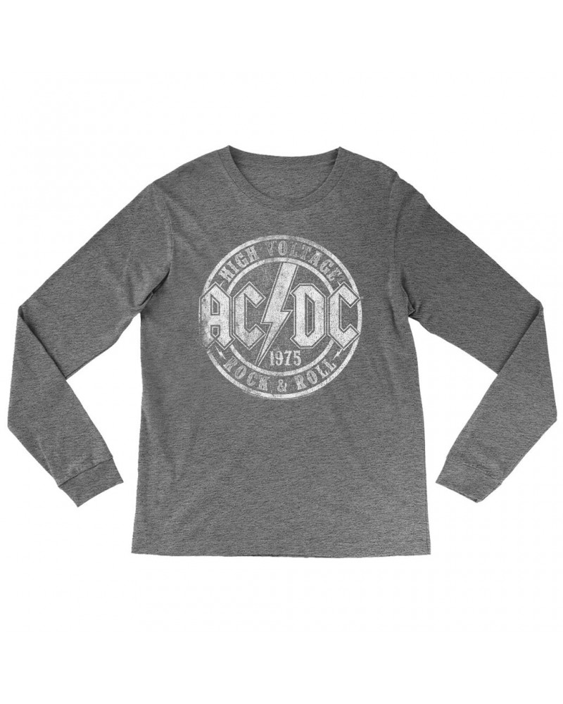 AC/DC Heather Long Sleeve Shirt | Rock And Roll 1975 Stamped Design Distressed Shirt $13.48 Shirts