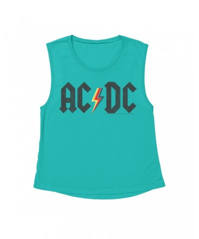 AC/DC Ladies' Muscle Tank Top | Multi-Colored Logo Design Distressed Shirt $9.89 Shirts